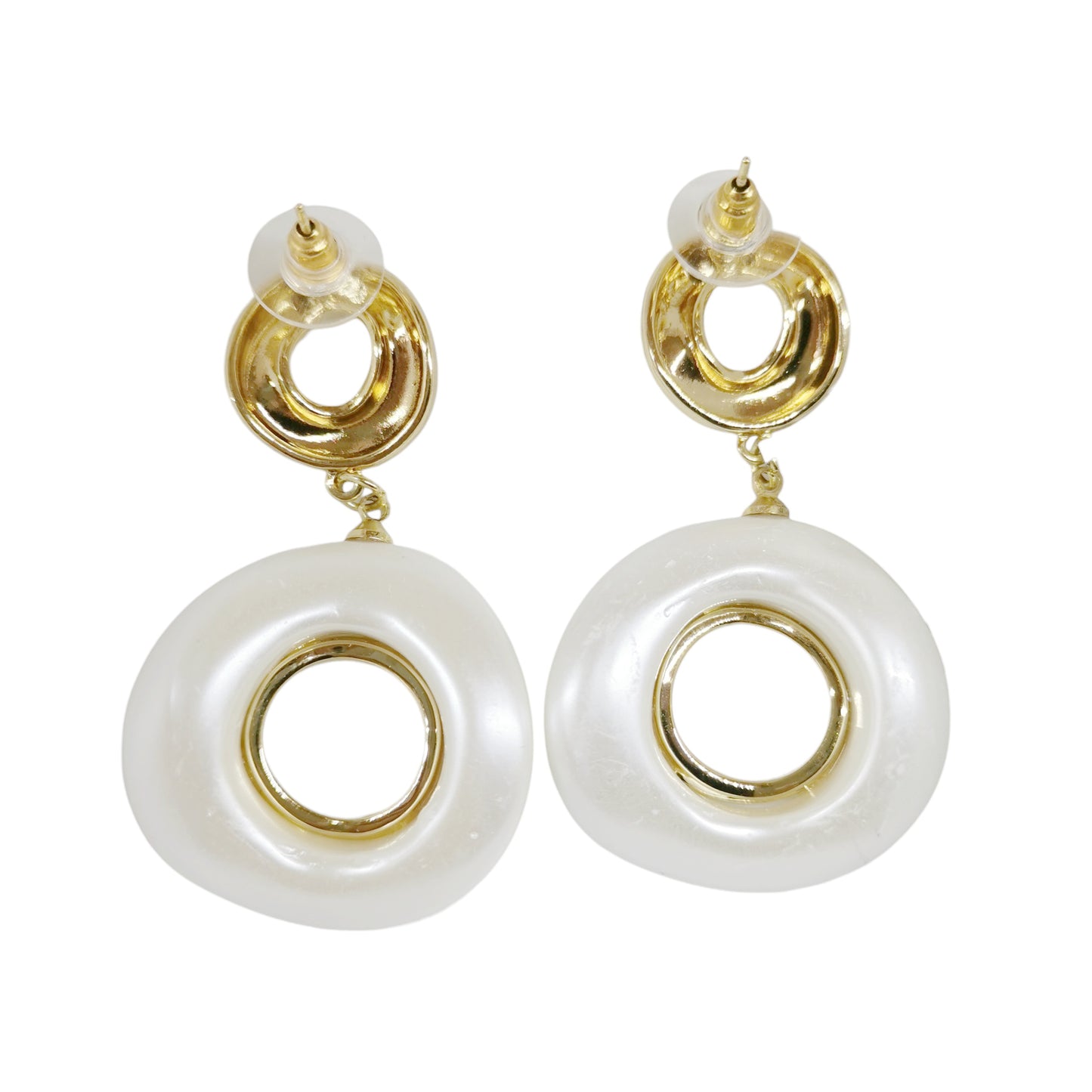 ARETES DOBLE CIRCULO BLANCO Y DORADO