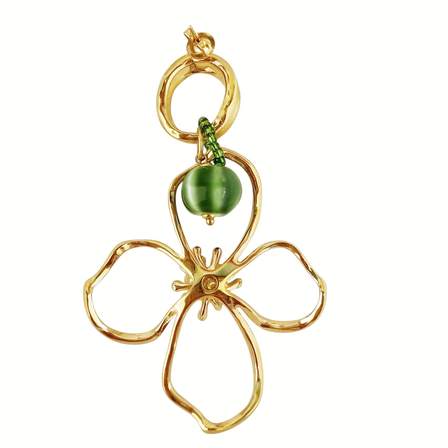 ARETES LARGOS DE FLOR, PIEDRA VERDE