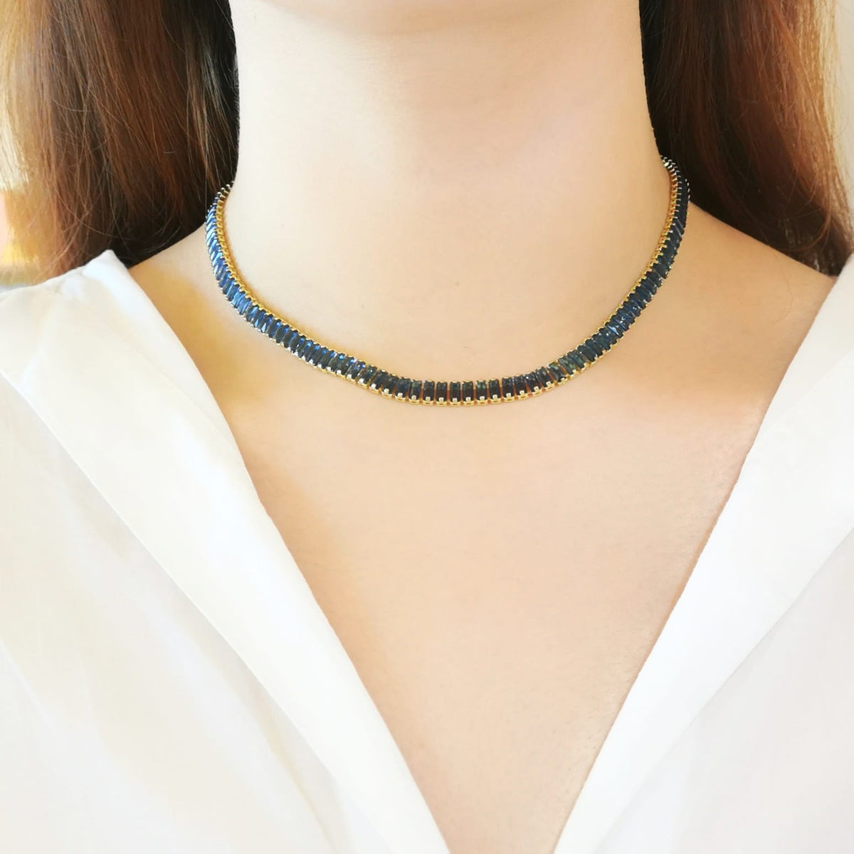 COLLAR ZIRCONIAS AZULES RECTANGULAR – Rosa Perla Mx