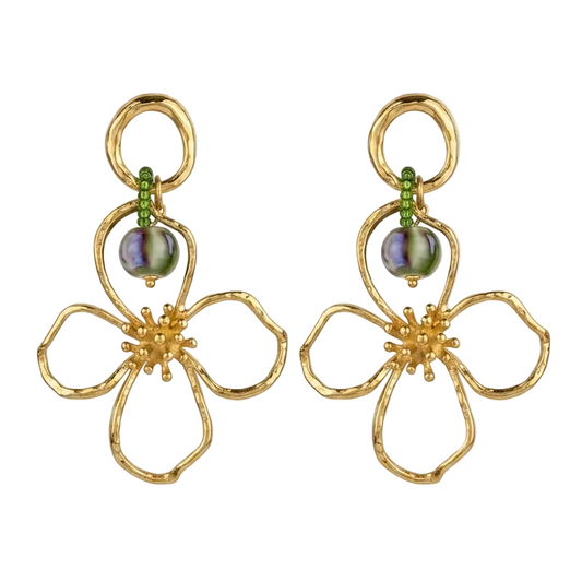 ARETES LARGOS DE FLOR, PIEDRA VERDE