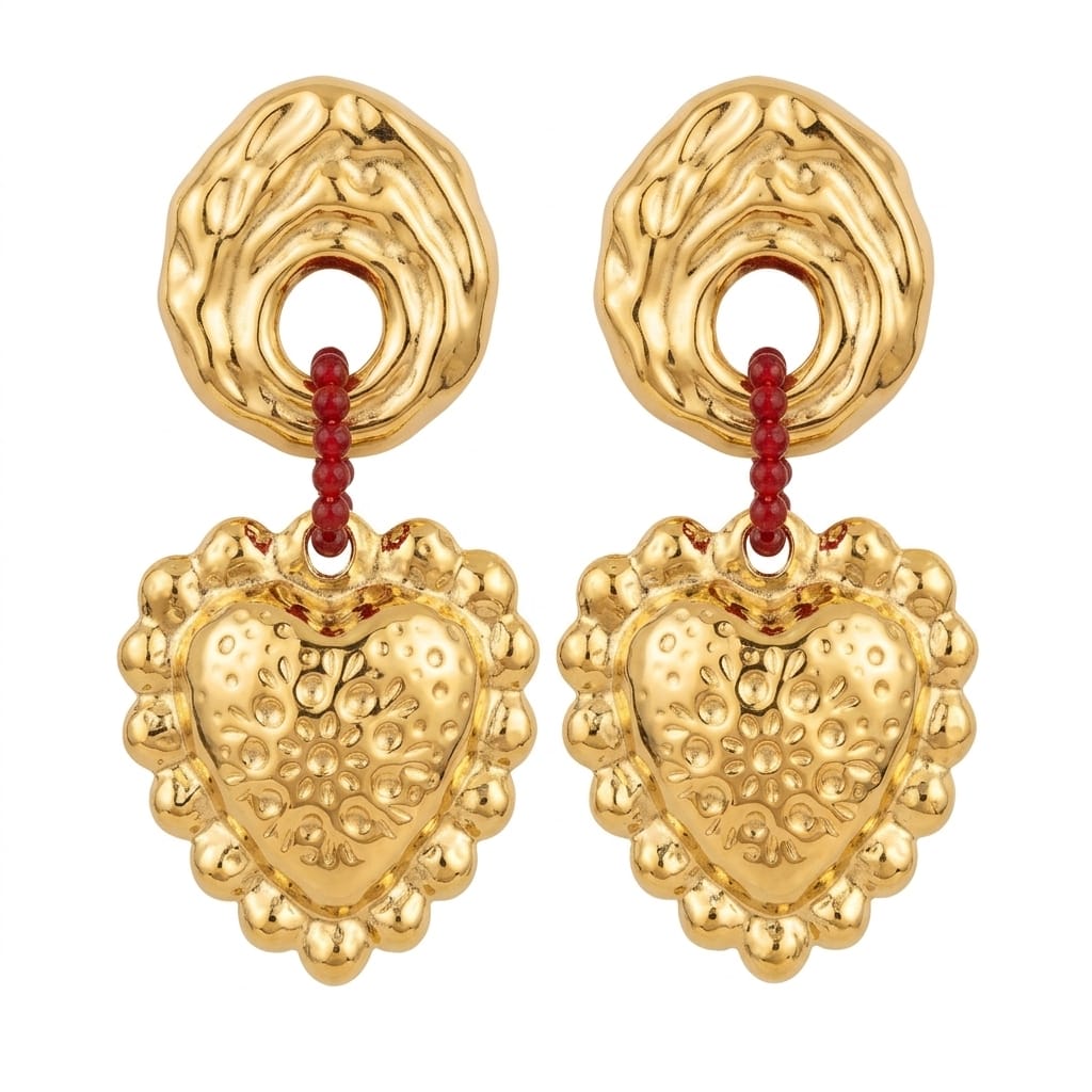ARETES LARGOS CORAZÓN DORADO