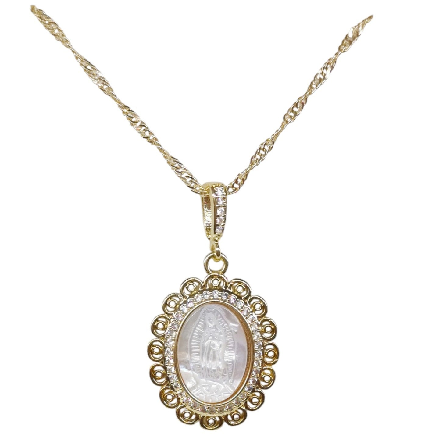 COLLAR MEDALLA PERLA (VIRGEN ZIRCONIA Y CIRCULOS)